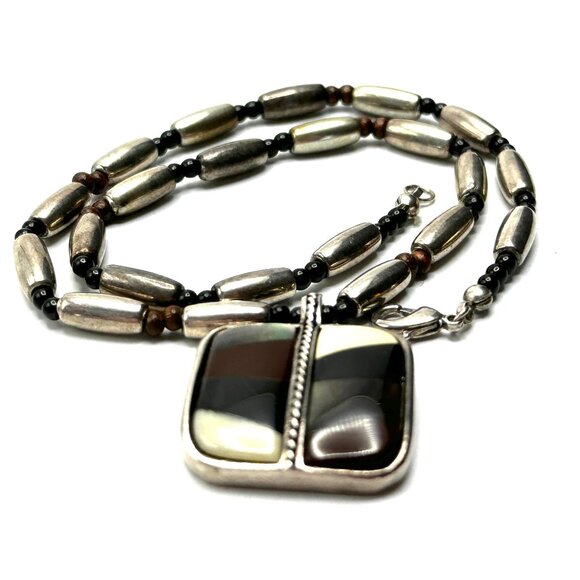 Vintage Jack Woolsey Silver Inlay Pendant Necklace—MOP, Onyx, Jasper, Bone—EUC - Picture 10 of 11